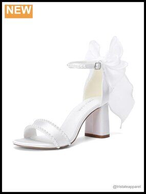 Women's Pearl Bridal Sandals Block Heel Open Toe Ankle Strap Wedding Shoes